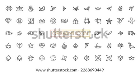 Origami, animals folded from paper thin line icons: penguin, camel, fox, bear, fish, mouse, bird, elephant, kangaroo, hare, seal, raccoon. Modern vector illustration