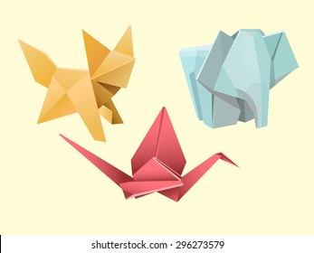 Origami animals - fox, elephant and crane.