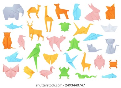 Origami-Tiere. Geometrisch gefaltete Formen für japanisches Spielpapier Boot und Fuchs, Kran und Nebel, Katze und Elefant, Kaninchen. Basteln Hobby Vektorgrafik Set. Hirschpapier und Wal, Schlange und Schmetterling.