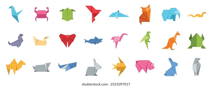 Origami animals. Geometric folded shapes for japanese game paper boat and fox, crane and fog, elephant, rabbit. Crafting hobby vector set. Deer paper and whale, snake and butterfly.