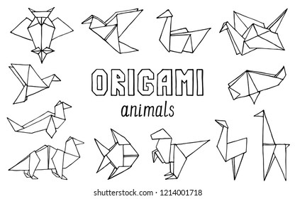 Origami animals hand drawn doodle set. Vector illustration of hand drawn figures from paper