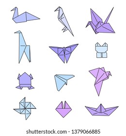 Origami Animals Hand Drawn Doodle Set. Figures from Paper Graphic Isolated Elements Vector illustration Collection