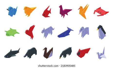 Origami animals icons set isometric vector. Paper polygon. Geometric poly