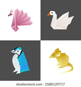 Origami animals icons set isometric vector