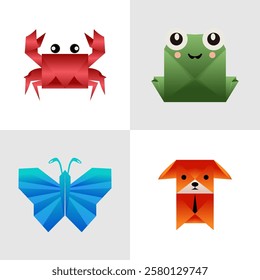 Origami animals icons set isometric vector