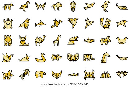 Origami animals icons set outline vector. Paper fish. Polygon crab thin line color flat on white