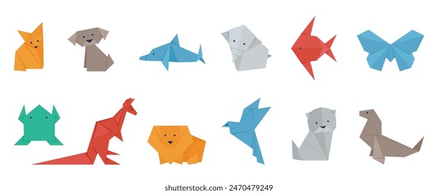 Animales de origami. Arte animal japonés de papel, rana aislada, zorro, perro y grúa. Personajes salvajes estilo asiático, pájaro artesanal, mariposa, conjunto de Vector decente