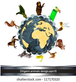origami animals over the earth. vector design