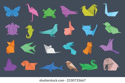 Origami. Animals from paper different geometric shapes crafting templates of elephant dog cat birds and butterfly recent vector set