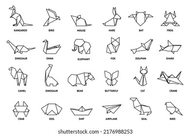 Origami animals. Paper figures. Crane bird icons. Fox and dog folded shapes. Geometric cat and dolphin. Japan swan silhouette. Airplane and ship. Modern hobby. Vector abstract toys set