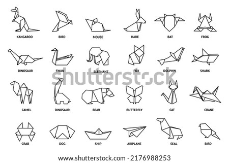 Origami animals. Paper figures. Crane bird icons. Fox and dog folded shapes. Geometric cat and dolphin. Japan swan silhouette. Airplane and ship. Modern hobby. Vector abstract toys set
