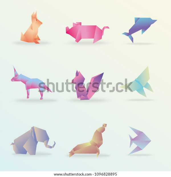 Origami Animals Rabbit Pig Dolphin Unicorn Stock Vector