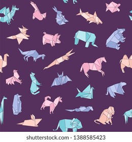 Origami animals seamless pattern - background of cartoon animals in geometric shape style, traditional Japanese paper folding art, colorful flat vector illustration