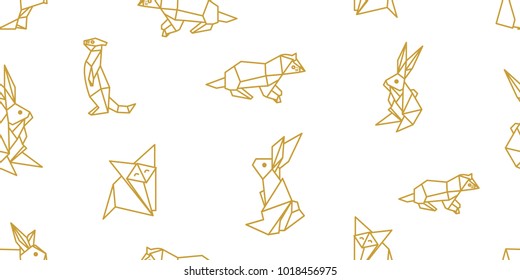 Origami animals. Seamless vector pattern with hares, foxes, otters. White and golden print with Japanese and Chinese paper art motifs.