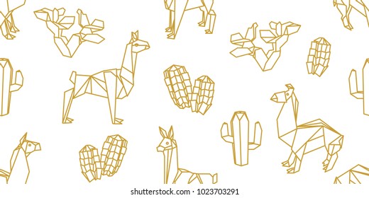 Origami animals. Seamless vector pattern with lames in desert with cacti. White and golden print with paper art motifs.