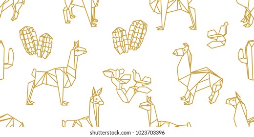 Origami animals. Seamless vector pattern with llamas in desert with succulents. White and golden print with paper art motifs.