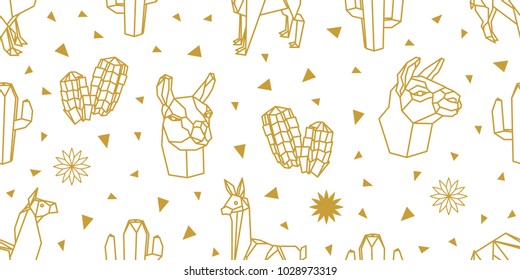 Origami animals. Seamless vector pattern with llamas in desert with cacti. White and golden print with paper art motifs.