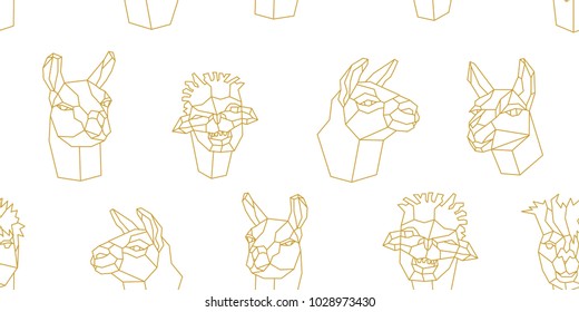 Origami animals. Seamless vector pattern with llamas heads in desert. White and golden print with paper art motifs.