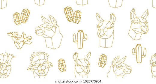 Origami animals. Seamless vector pattern with llamas heads and cacti in desert. White and golden print with paper art motifs.
