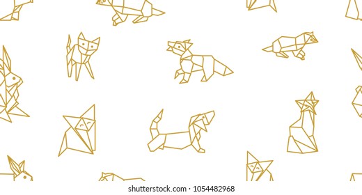 Origami animals. Seamless vector pattern with hares, foxes, cats, dogs and abstract geometric elements. White and golden print with Japanese and Chinese paper art motifs.
