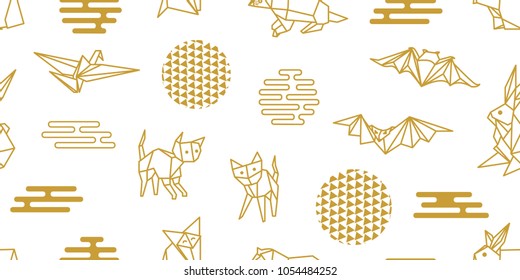 Origami animals. Seamless vector pattern with hares, foxes, cats, dogs, bats and abstract geometric elements. White and golden print with Japanese and Chinese paper art motifs.