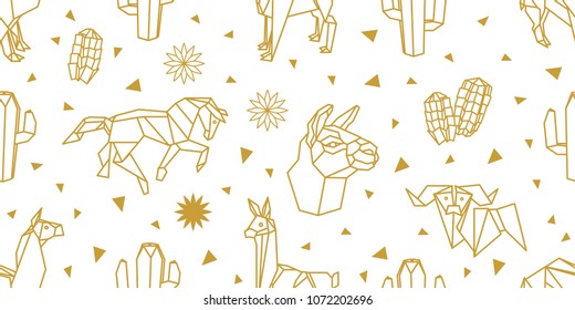 Origami animals. Seamless vector pattern with llamas, horses donkeys and cacti. Minimalism style print with golden geometric elements on white background.
