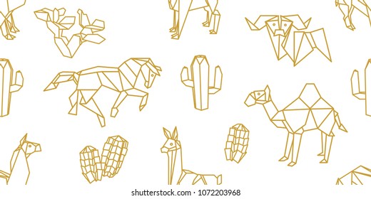 Origami animals. Seamless vector pattern with llamas, camels, horses and cucculents. Minimalism style print with golden geometric elements on white background.