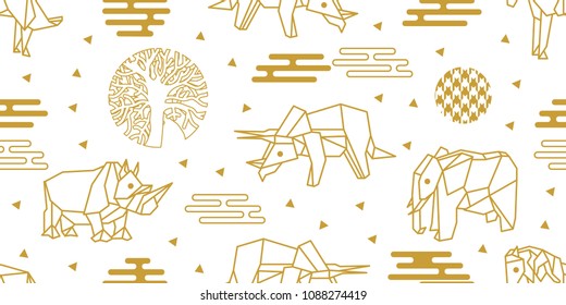 Origami animals. Seamless vector pattern with elephants, horses, rhinoceroses and abstract geometric elements. White and golden print with Japanese and Chinese paper art motifs.