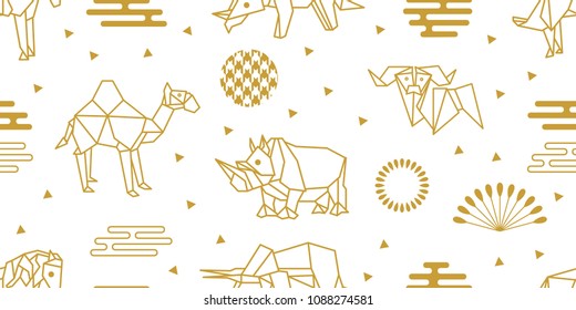 Origami animals. Seamless vector pattern with elephants, horses, rhinoceroses, camels and abstract geometric elements. White and golden print with Japanese and Chinese paper art motifs.