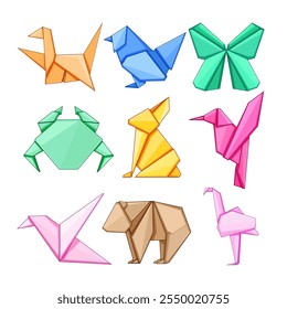 origami animals set cartoon. dragon elephant, frog swan, fox rabbit origami animals sign. isolated symbol vector illustration