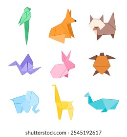 origami animals set cartoon. rabbit elephant, swan butterfly, dog fish origami animals sign. isolated symbol vector illustration