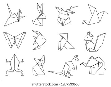 Origami Animals set. Geometric polygon cartoons. Coloring book.