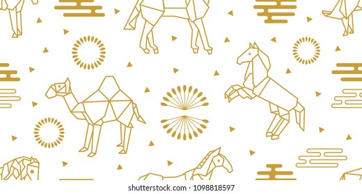 Origami animals set. Seamless vector pattern with horses, camel and abstract geometric elements. White and golden print with Japanese and Chinese paper art motifs.