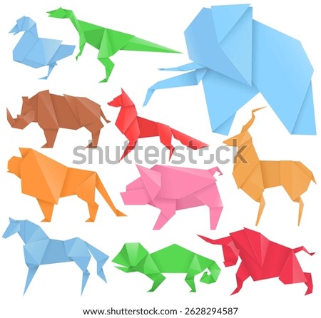Origami animals set. Various crafts made from folded paper with shapes of different animals. Handmade Japanese figures of fox, elephant, pig, bison and others. Creative hobby. Flat isolated vector ill
