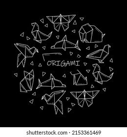 Origami animals in the shape of a circle in doodle style. Vector isolated illustration on a black background.