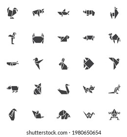 Origami animals vector icons set, modern solid symbol collection, filled style pictogram pack. Signs, logo illustration. Set includes icons as dove bird, shark fish, swan, crab, frog, camel, rabbit