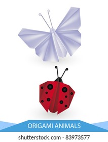 Origami animals vector - ladybird and butterfly