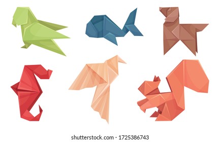 Origami Animals Vector Set. Colorful Art of Paper Folding