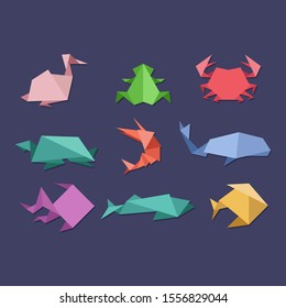 Origami aquatic animals and seafood set