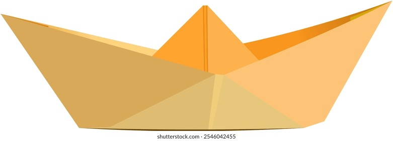 Origami, the art of folding paper into the shape of a ship or boat vessel. Side view image. Light brown paper.