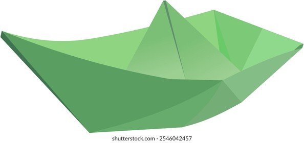 Origami, the art of folding paper into the shape of a ship or boat vessel. The image is facing front Left. Green paper.