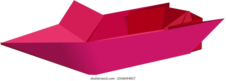 Origami, the art of folding paper into the shape of a ship or boat vessel. The image is shown front left. Brick red color.