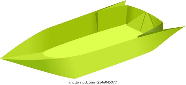 Origami, the art of folding paper into the shape of a ship or boat vessel. The image is shown front left. Lime color paper.