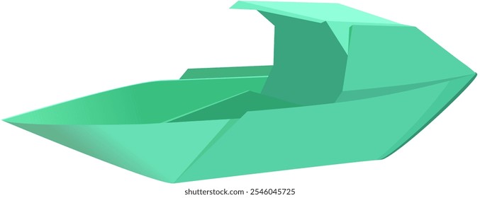 Origami, the art of folding paper into the shape of a ship or boat vessel. The image is shown front left. Green color.