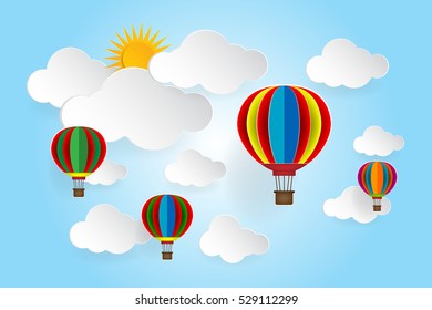 Origami balloon and cloud paper on blue sky background, eps 10