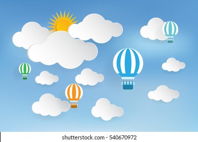 Origami balloon and cloud paper on blue sky background