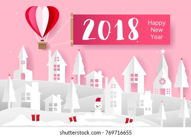 Origami Balloon and Heart On The Sky,Landscape City Concept Love and Valentine Day, Happy New Year Vector Illustration Paper Art