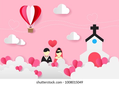 Origami Balloon On The Sky and Bride and Groom, Church on the Cloud, Love and Valentine Day Vector Illustration Paper Art