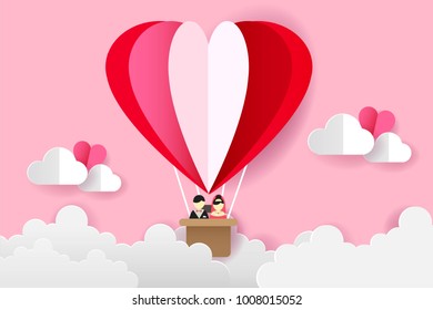 Origami Balloon On The Sky and Bride and Groom, Love and Valentine Day Vector Illustration Paper Art