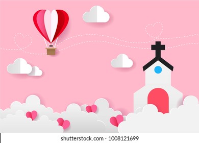 Origami Balloon On The Sky and Church on the Cloud, Love and Valentine Day Vector Illustration Paper Art